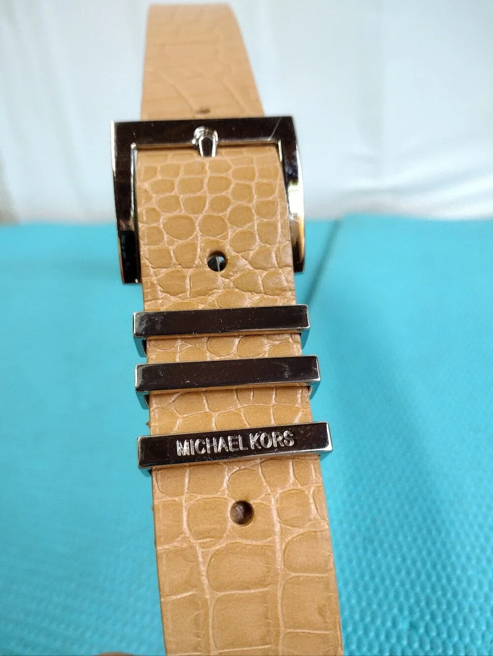 MICHAEL Michael Kors Women's Croc-Embossed Tan Leather Belt Silver Buckle Size M